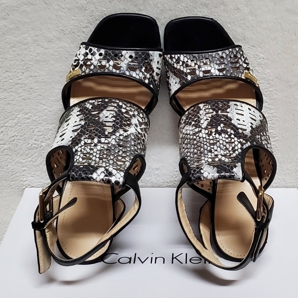 CALVIN Klein Vallin Black White Snakeskin Laser Strap Platform Block Heel Sandal - Picture 14 of 16
